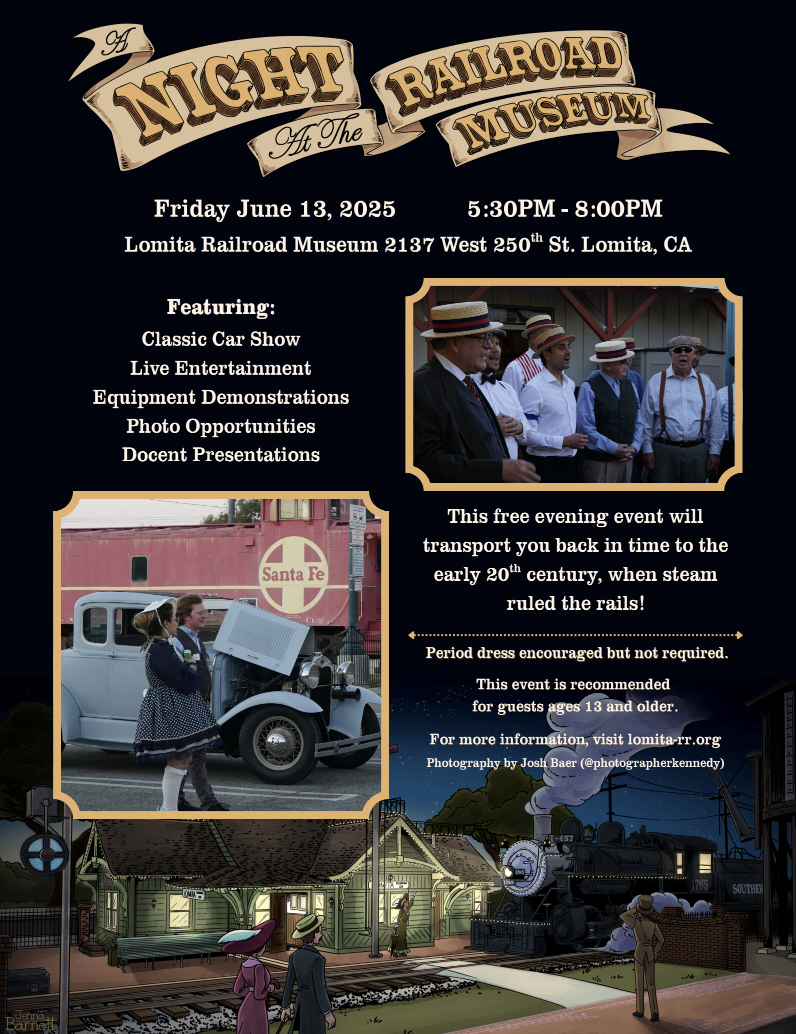 Lomita Railroad Museum flyer for the Night at the Railroad Museum event